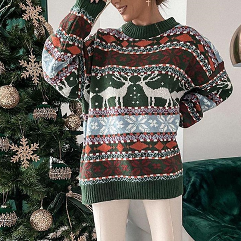 Ugly Christmas Sweater Animal & Snowflake Knit Design Brown & Green
