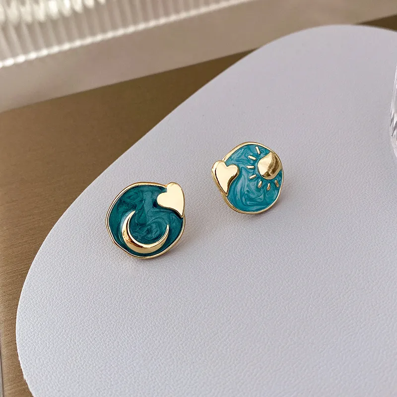 Elegant Sun and Moon Asymmetrical Enamel Earrings