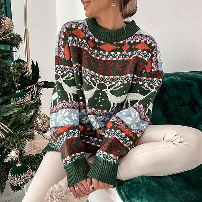 Ugly Christmas Sweater Animal & Snowflake Knit Design Brown & Green