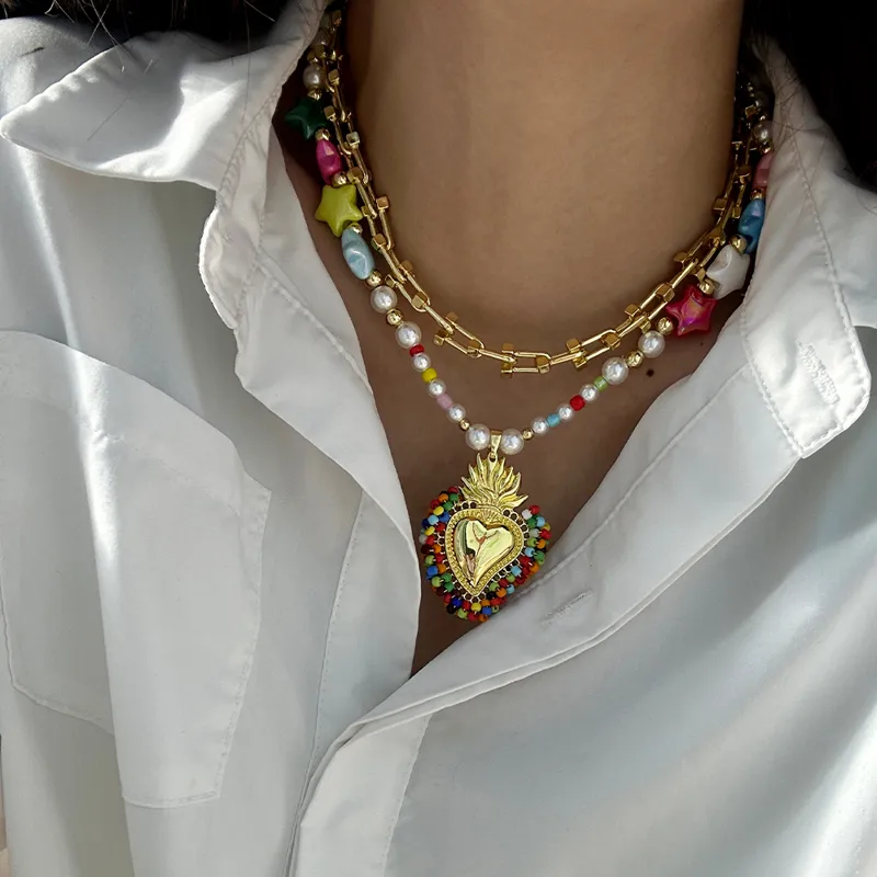 Vibrant Multi-Layered Heart Pendant Necklace