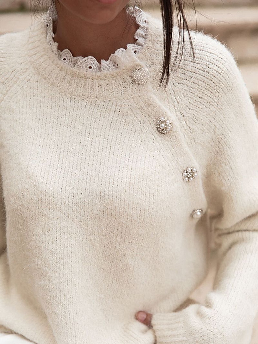 Fuzzy Knit Oversized Sweater Pearl Orange & Beige Holiday Style