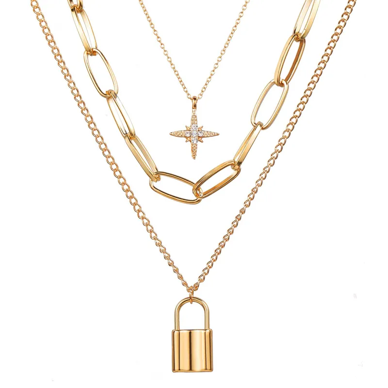 Elegant Multi-Layer Lock and Star Pendant Necklace
