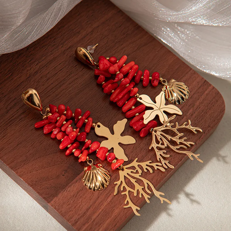 Tropical Starfish Coral Shell Beaded Tassel Drop Earrings